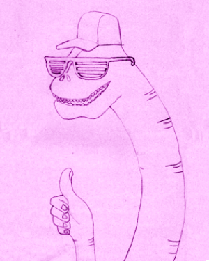 A diplodocus in cap and sunglasses gives the observer a thumbs up.